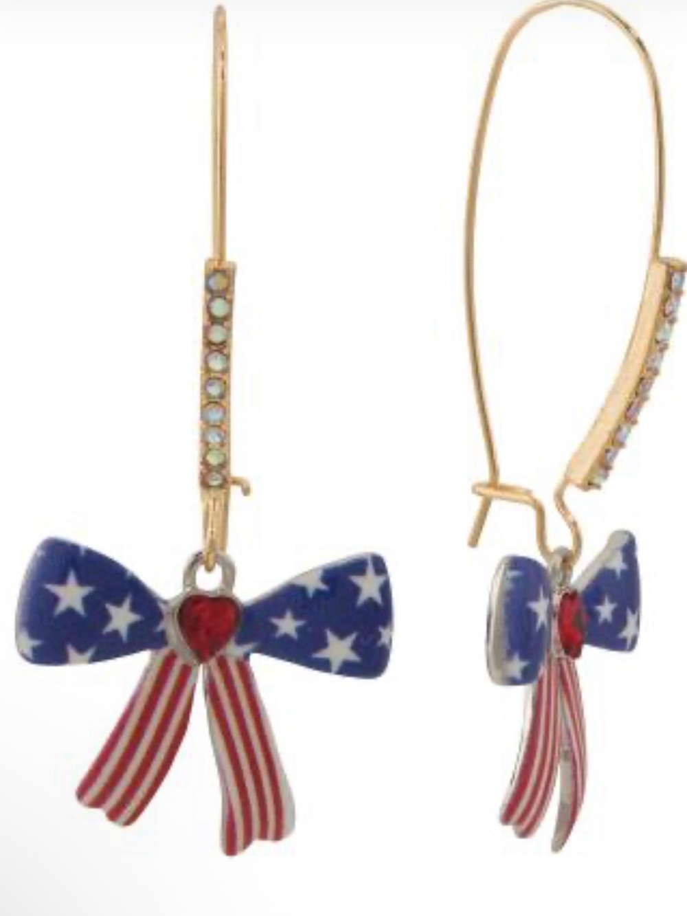 Betsey Johnson Gold-Tone Patriotic Bow Drop Earrings with Red Heart